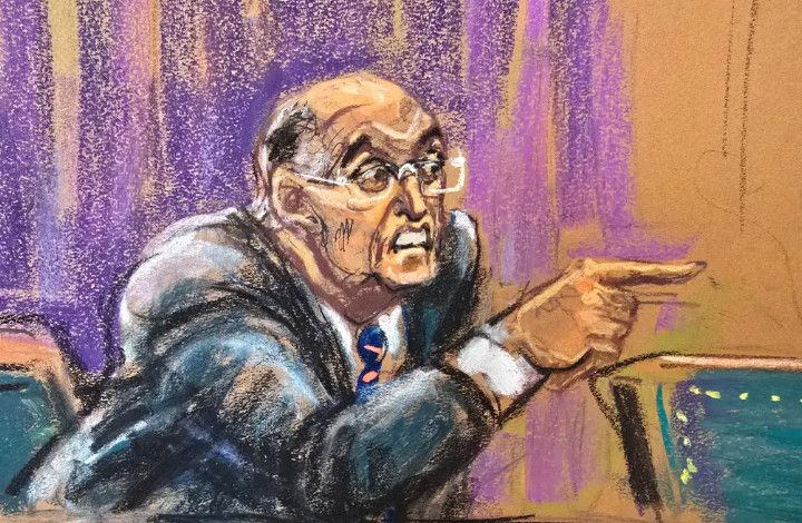 Rudy Giuliani in court sketch pointing a finger