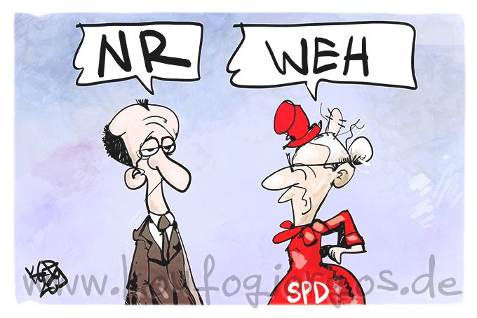 Karikatur: Merz sagt zur angeschlagenen Tante SPD: NR. Sie antwortet Weh...

