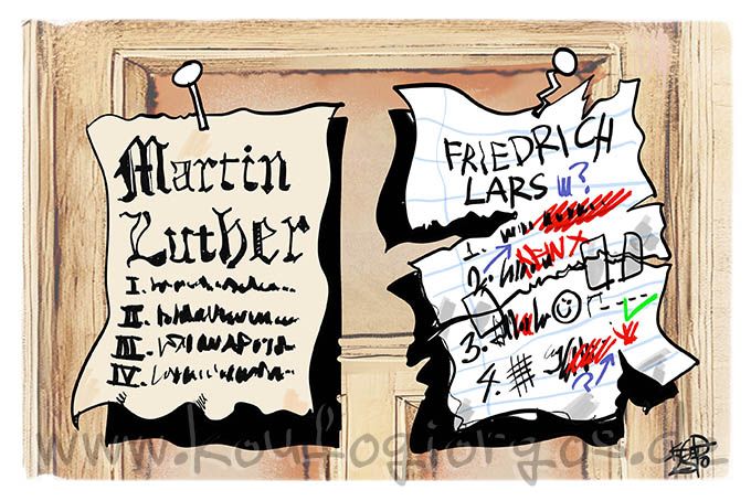 Karikatur: An einer Tür sieht man Martin Luthers Thesenanschlag. Daneben die Thesen von Friedrich und Merz, die einem chaotischen Gekritzel gleichen
