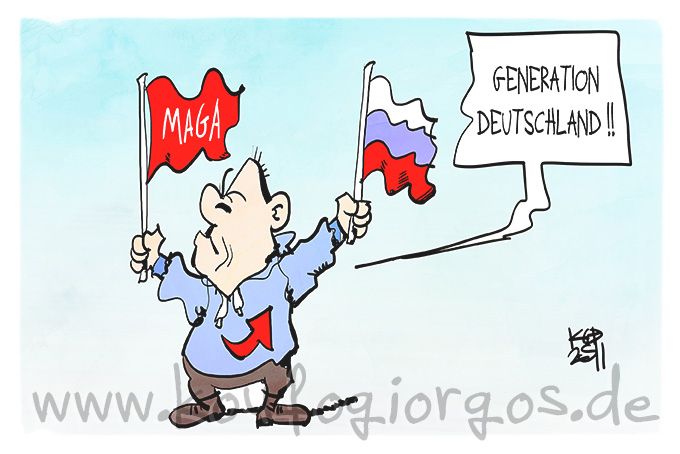 Karikatur: Ein Mitglied der neu formierten Jugendorganisation der AfD schwingt eine russische- und eine MAGA-Fahne und ruft: Generation Deutschland!!
