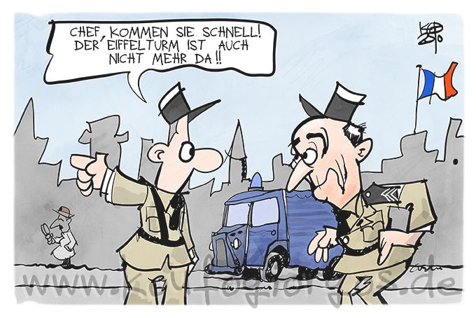Karikatur: Ein französischer Gendarm sagt zu seinem Chef (Louis de Funès): Chef, kommen Sie schnell! Der Eiffelturm ist auch weg!!
