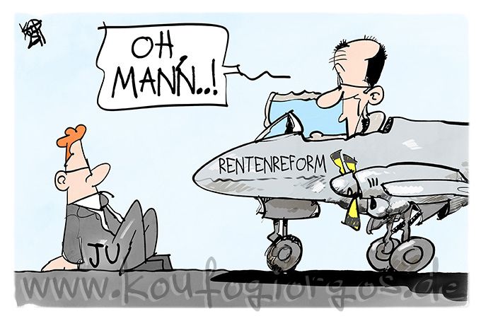 Karikatur: Ein junger Mann der Jungen Union hat sich vor Merz' Flugzeug (Rentenreform) auf die Startbahn geklebt. Merz stöhnt: Oh, Mann..!
