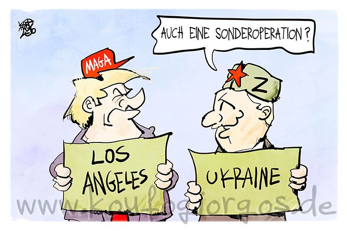 Karikatur: Trump und Putin stehen nebeneinander, beide ein Schild in der Hand. Bei Trumps steht: Los Angeles, bei Putin: Ukraine. Putin fragt grinsend: Auch eine Sonderoperation?