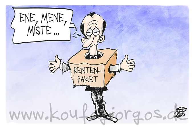 Karikatur: Merz steckt unbeweglich in einem Karton fest (Rentenpaket) und beginnt den Kinderreim: Ene, mene, miste...

