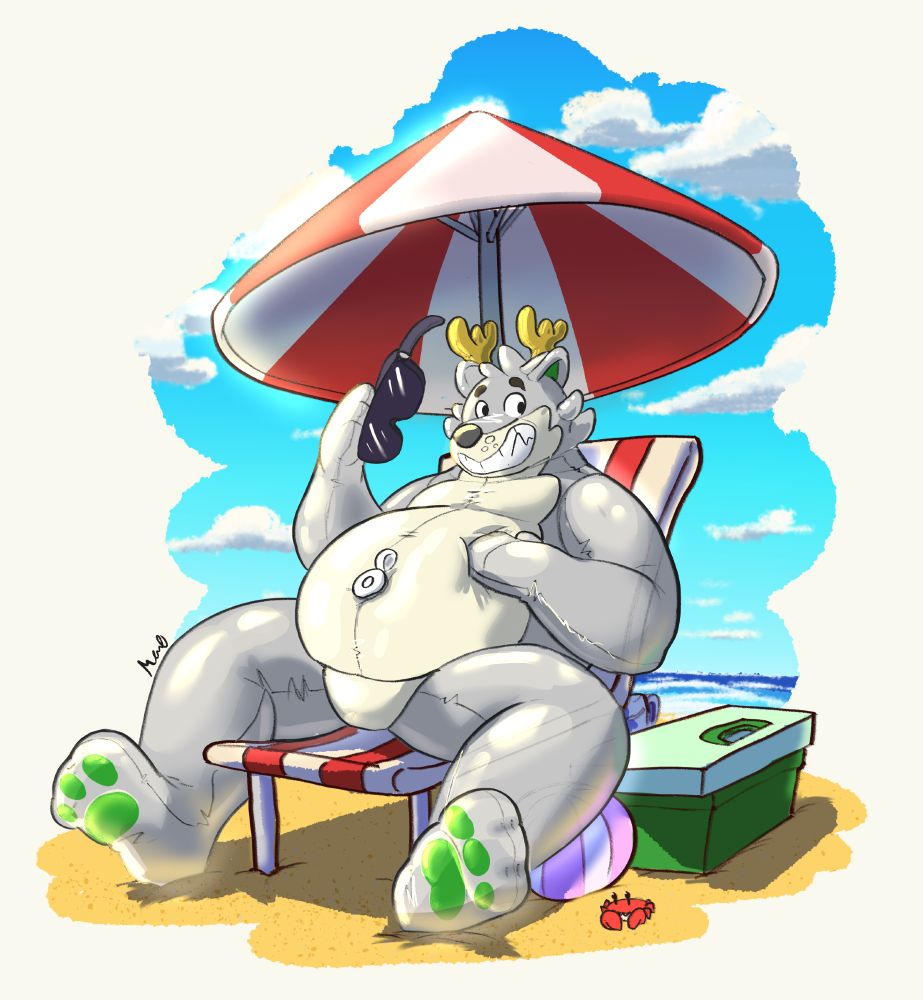 An anthro wolf/deer pooltoy relaxing in a chair by the beach squishing his soft tum while he grins at you. 