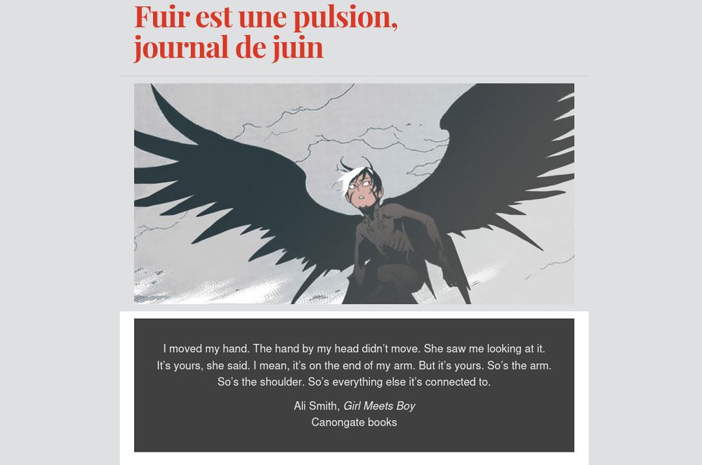 En haut, un titre : Fuir est une pulsion, journal de juin (eh oui, c'est de la réclame).
Au milieu : image tirée de Birdmen, de Yellow Tanabe (quel chouette prénom, Yellow). On y voit un adolescent-oiseau sombre, avec des ailes dans le dos, sous un ciel très couvert, regarder hors champ. Une mèche blanche traverse ses cheveux noirs.
En bas : c'est une citation d'Ali Smith tirée de son livre Girl Meets Boy (pas son meilleur, mais enfin les goûts, les couleurs). La citation dit la chose suivante : "I moved my hand. The hand by my head didn’t move. She saw me looking at it.
It’s yours, she said. I mean, it’s on the end of my arm. But it’s yours. So’s the arm. So’s the shoulder. So’s everything else it’s connected to."