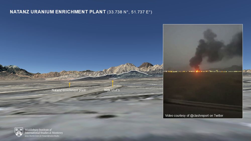 Geolocation using google earth of a video showing the Natanz Uranium Enrichment Plant on fire after Israeli strikes