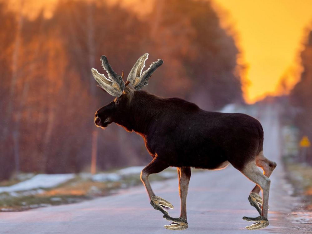 a moose will gator heads as hooves and antlers