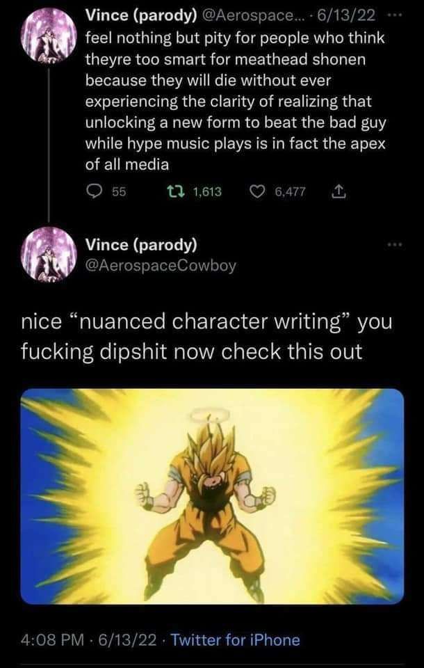 Postaus Twitterissä käyttäjältä @AerospaceCowboy: "feel nothing but pity for people who think theyre too smart for meathead shonen because they will die without ever experiencing the clarity of realizing that unlocking a new form to beat the bad guy while hype music plays is in fact the apex of all media. 

nice "nuanced character writing" you fucking dipshit now check this out"

Liitteenä kuva Dragonballin Gokusta muuttumassa super-saiyaniksi