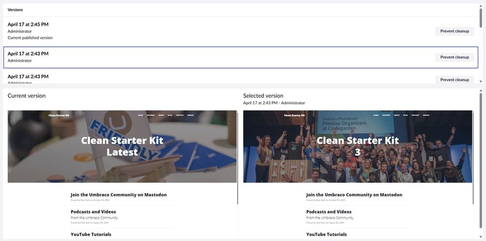 A screenshot from Umbraco CMS backoffice showing a current published page alongside a selected earlier version, suggesting a new way to preview content changes visually.