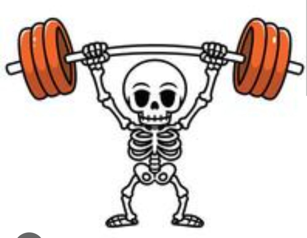 Illustration of a skeleton holding heavy barbell weights overhead.