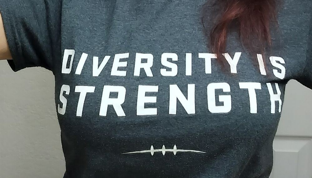 A gray T-shirt with white lettering that says: " DIVERSITY IS STRENGTH"