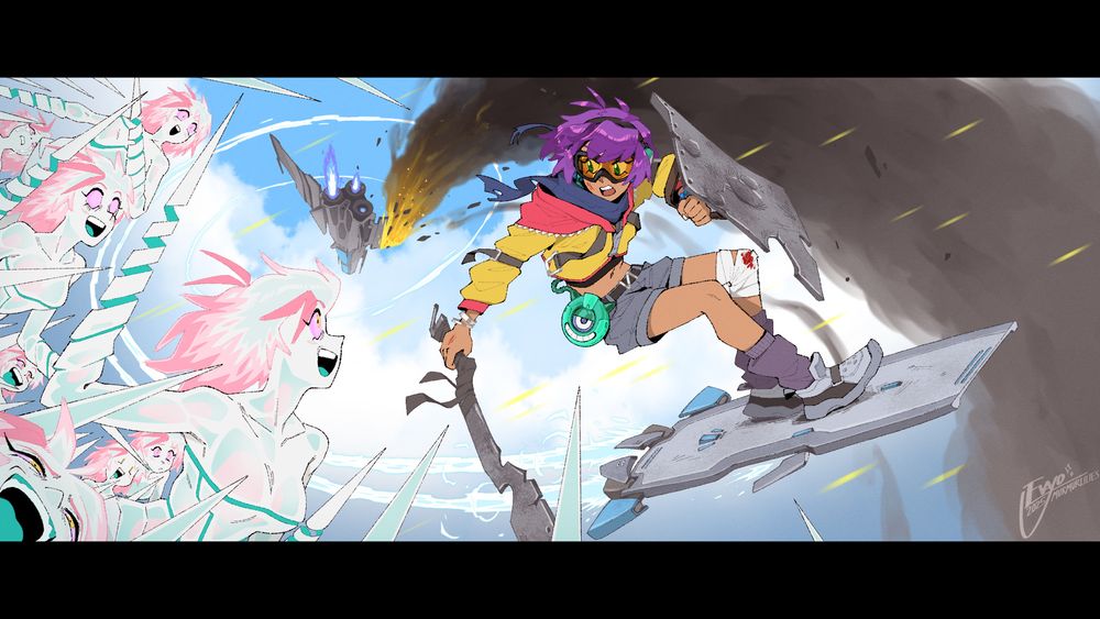 2025 concept art depicting a climactic battle in the skies. Maya rides on her gravboard, using debris from the conflict as a makeshift sword and shield to defend herself from an Empty Vessel swarm. she swerves to dodge an allied resistance fighter, flames bursting from its damaged wing as it careens through the air. the Empty Vessels pursue Maya with a variety of over-the-top facial expressions, their arms twisted into sharp lances.