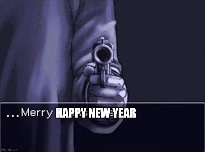 screenshot from the video game Phoenix Wright: Ace Attorney, edited to say "Merry Happy New Year"