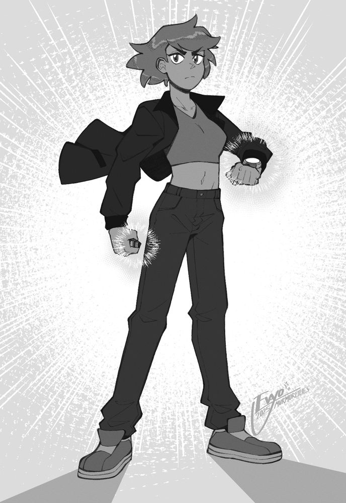 commission for @violeteyebeams.bsky.social featuring their character Firebird, dressed in her street clothes and ready to leap into action.