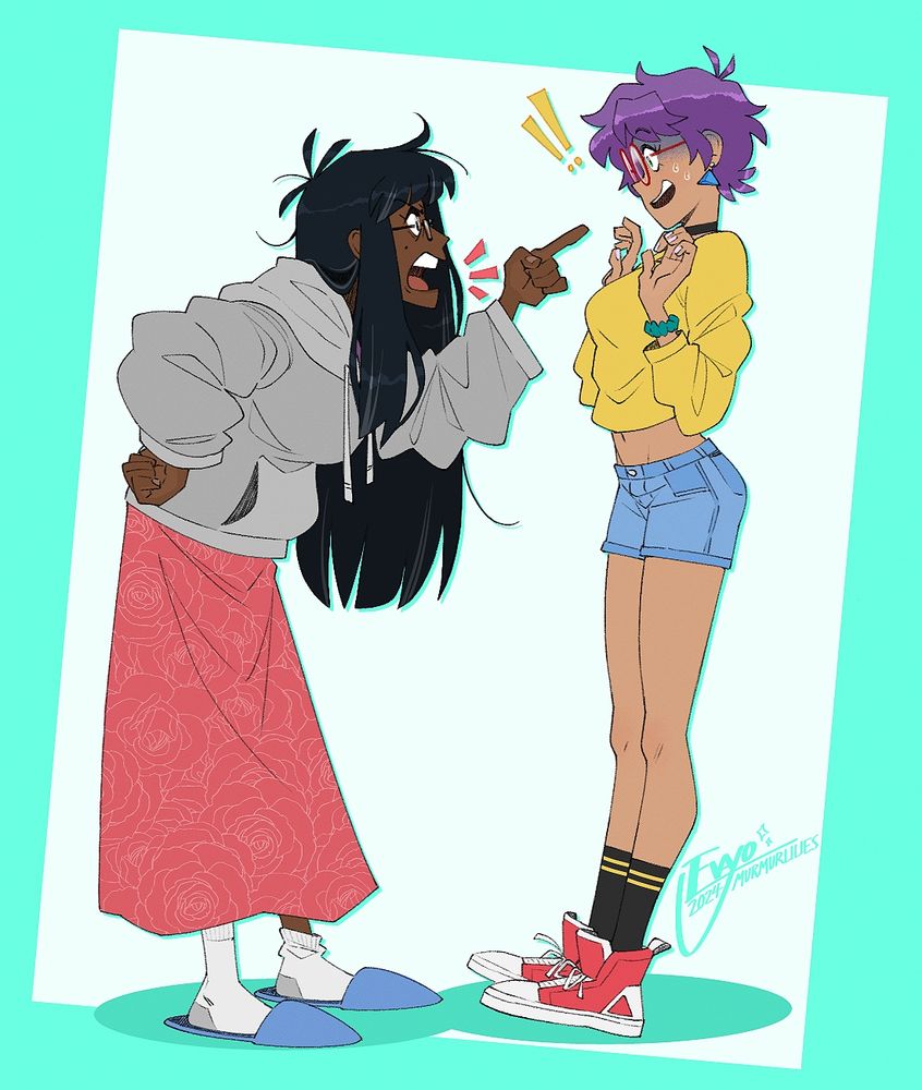 old artwork of my OCs Rosaline Belville (left) and Maya Widmore (right), in a situation which represents the early stages of their relationship. Belville is shown pointing and shouting at Maya, who appears confused and startled.