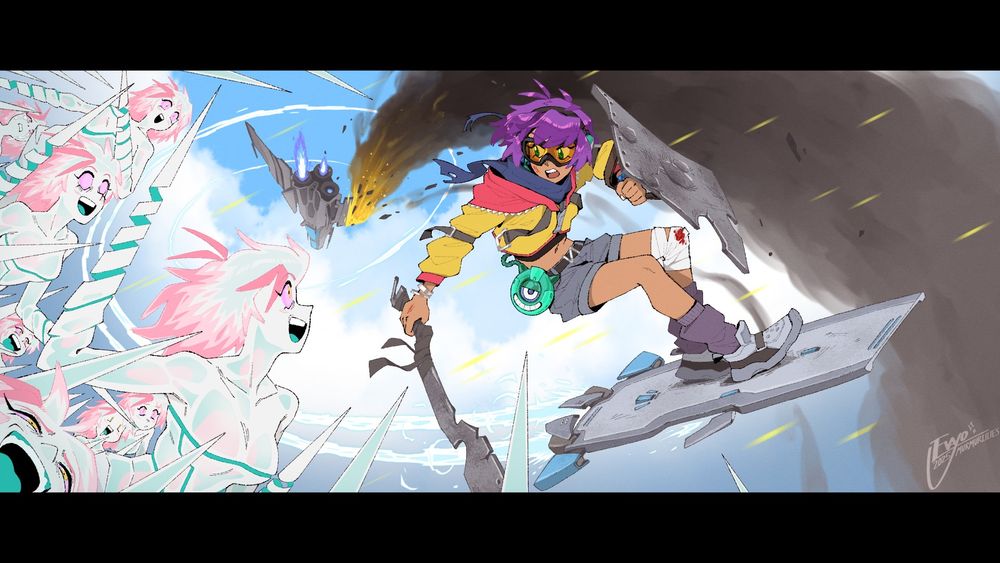 concept art depicting a climactic battle in the skies. Maya rides on her gravboard, pursued by the Empty Vessel swarm, using debris from the conflict as a makeshift sword and shield to defend herself. she swerves to dodge an allied resistance fighter, flames bursting from its damaged wing as it careens through the air.
