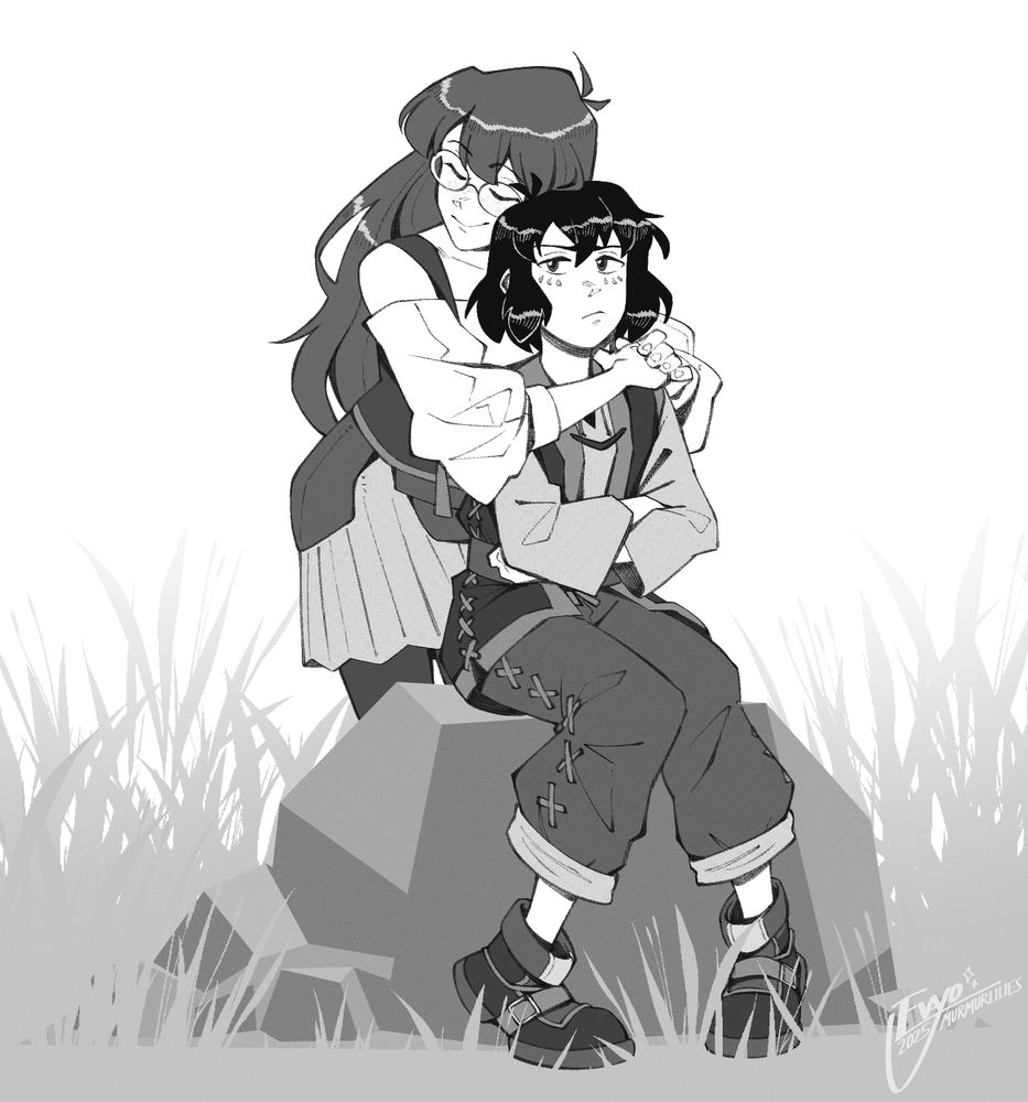 commission for @wolfenraven.bsky.social featuring their OCs Aeryn and Rain. Rain sits on a rock in a patch of grass, a quiet look on their face as Aeryn hugs them from behind with a smile.