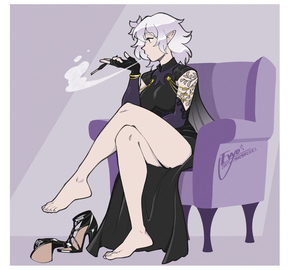 commission for @hypereidos.bsky.social featuring his halfling OC Ivy, lounging in a chair and smoking a pipe. her legs are crossed, her high heel sandals discarded onto the floor near her bare feet.