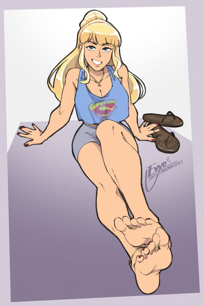 commission for @soulcastlefilms.bsky.social featuring his OC Laura relaxing on the floor while wearing a faded Supergirl shirt. her legs are crossed, her discarded flip-flops visible at her side as she smirks at the viewer.