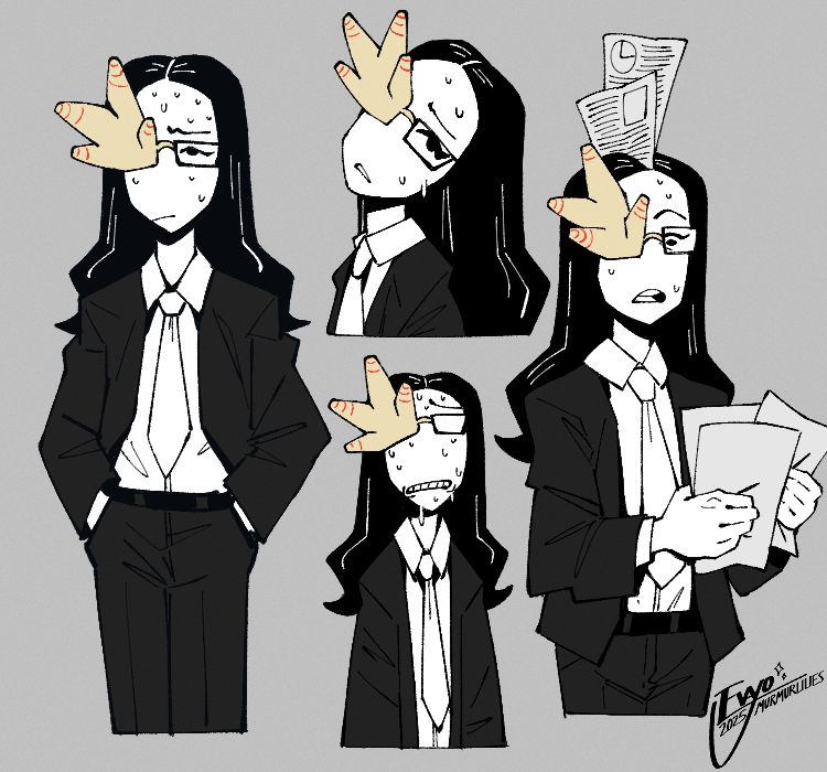 multiple drawings of Coral Glasses from the indie game ENA: Dream BBQ. she is depicted in her usual black suit with white collared shirt and tie underneath. she appears agitated and sweaty, with various documents printing from the fax machine in her head.