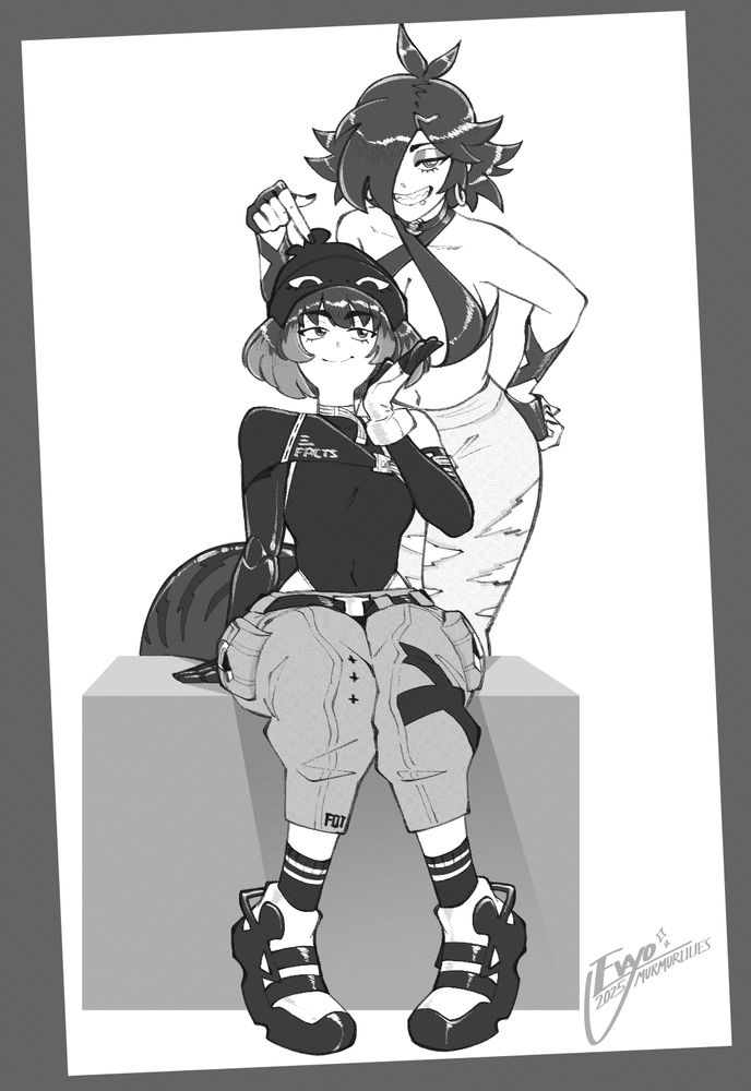 commission for Frosty featuring their OCs Chloe (bottom) and Sasha (top). the two are posing for a picture. Chloe is seated and looking up at Sasha with a gentle smile, while Sasha looks towards the viewer with a mischievous grin and points a finger down at Chloe's head.