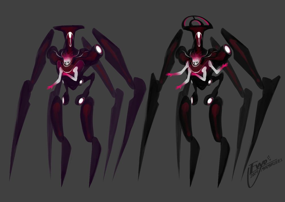 2024 concept art of a Wraith, showcasing two possible versions. the left is drawn with a purple-ish hue, and the "crown" atop the creature's head is flat. a ghostly white humanoid figure can be seen protruding from the creature's chest, with two arms that tinge pink around the hands. the version on the right is reddish with a more ornate crown, the humanoid figure possessing an extra set of arms.