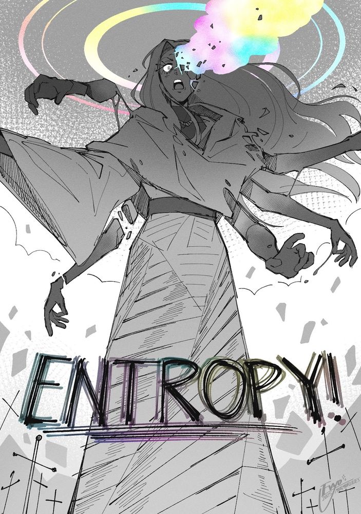 Tenma, fully enraged, has grown to massive proportions. her outfit tears as multiple limbs sprout from her body. her dress twists into geometric segments and her floating head ornaments rise above her like a multi-ringed halo, taking on the same spectrum of colors as the smoke billowing from the crack in her face. the space around her seems to shatter as cross-like spears burst from the ground.