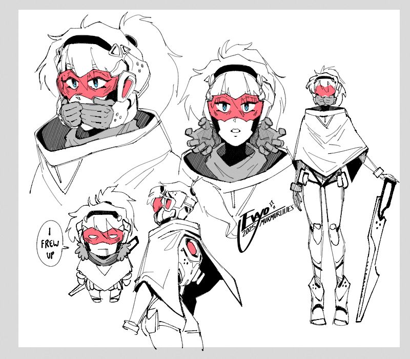 rough concept art of a new character for my story. she is a former soldier turned sword-wielding bounty hunter, depicted wearing a bodysuit and poncho, the back of which is split to reveal a high-tech backpack of sorts. her helmet features a red visor with synthetic hands which close over her mouth to form a mask. her frayed hair is tied into a ponytail, and her face gives the impression that she's tired and sickly.