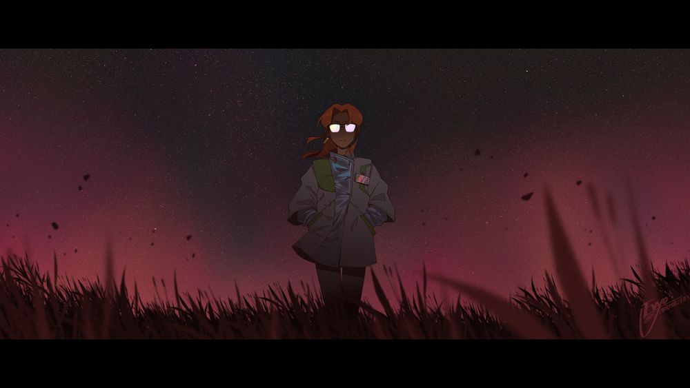 another angle of the same scene, revealing what Tenma sees; The Professor, an enigmatic figure from her past and one to whom she bares an uncanny resemblance, stands in the field a short distance away from her. she observes Tenma with a disappointed frown, the rainbow void reflecting in her glasses and the latex sheen of her lab coat.