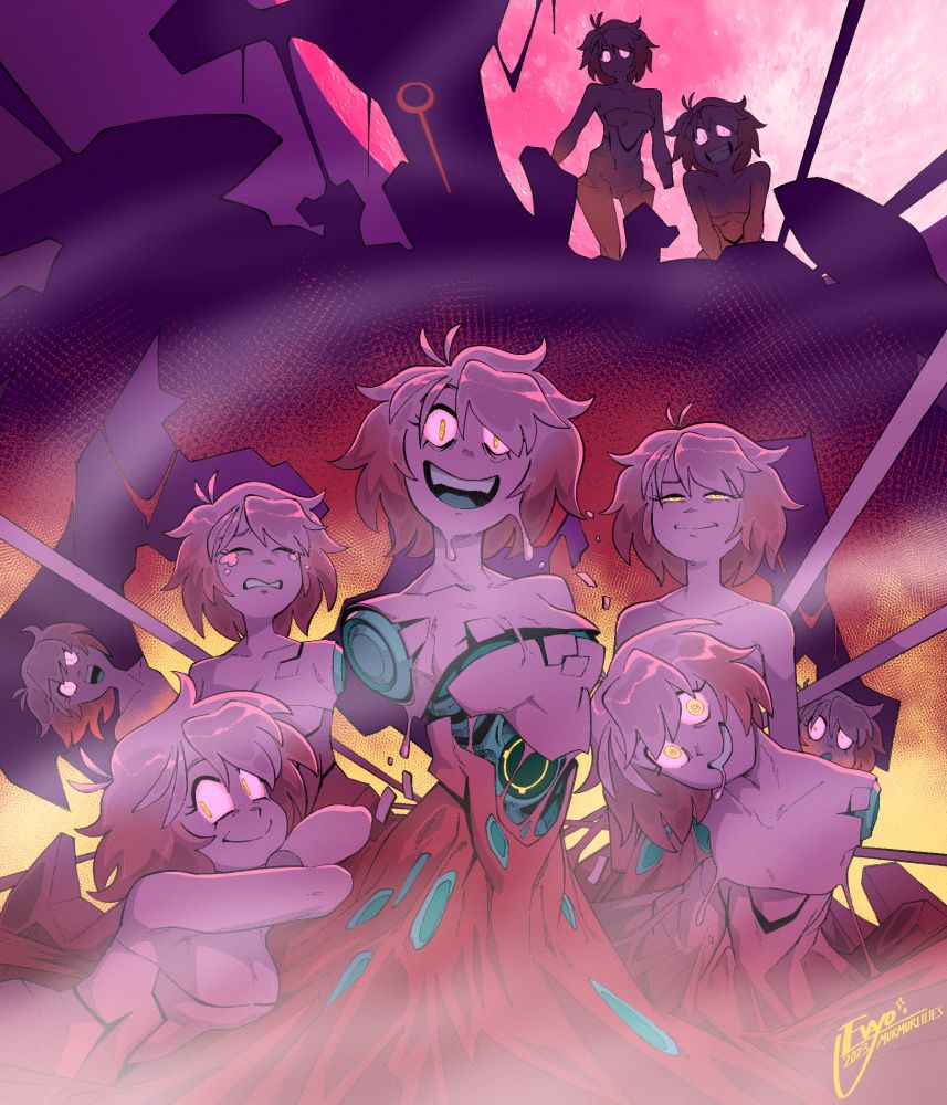 artwork depicting a swarm of Empty Vessels blooming out of the broken-down husk of a Wraith. the doll-like beings each wear Maya's face, looking directly at the viewer with uncanny and exaggerated expressions.