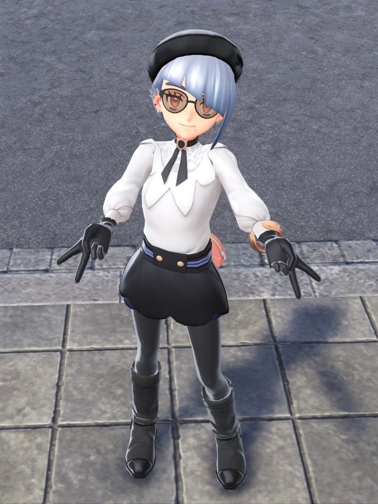 various screenshots from the video game Pokemon Legends: Z-A, showing off a new appearance for my trainer Felony L'Eclair (Crime Bébé). the look is loosely inspired by Shiny Mega Gardevoir and features a black leather beret over a pale blue asymmetrical bob, scarlet color contacts, oval glasses with brown lenses, silver lightning earrings, a silky white blouse and black skort combo set, black leather gloves, black simple cropped leggings with black patent leather toe-cap boots, and a round orange satchel.