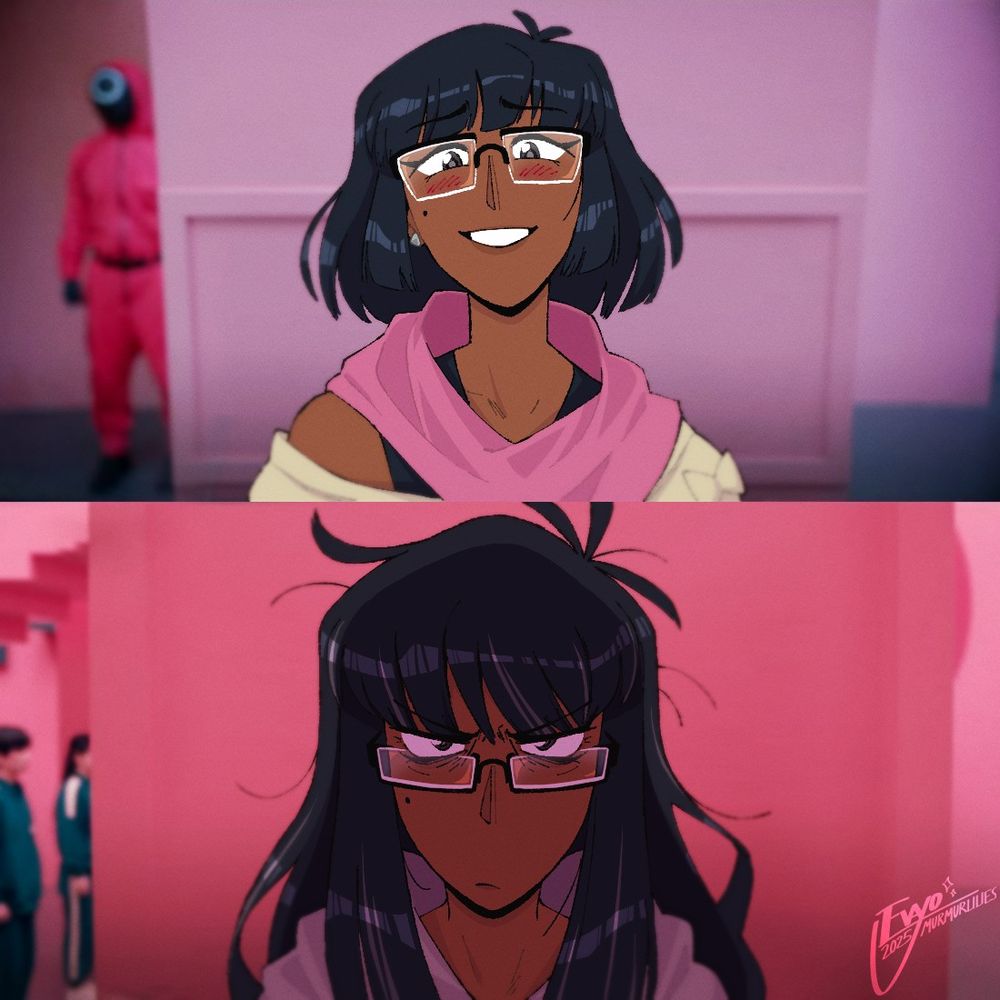 recreation of a popular Squid Game meme using my OC Rosaline Belville in place of Seong Gi-hun. in the top image she appears young and full of life, while in the bottom she is much older, haunted by all that she's seen.