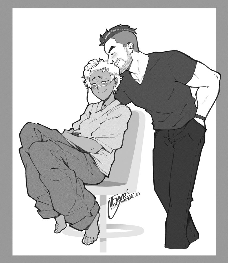 commission for @sleepy-dino.bsky.social featuring her OC Gen (left) and Soap (right) from the Call of Duty franchise. Gen is seated on a stool, dressed in comfortable clothing as Soap leans down to kiss the top of her head.