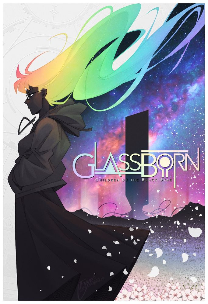 poster concept for my story GlassBorn. Rosaline Belville stands on the left side of the image, hair alight with a spectrum of color as it billows in the wind. on the right we see the silhouette of an Obelisk against a starry sky, and a glowing field of murmur lilies in the foreground.