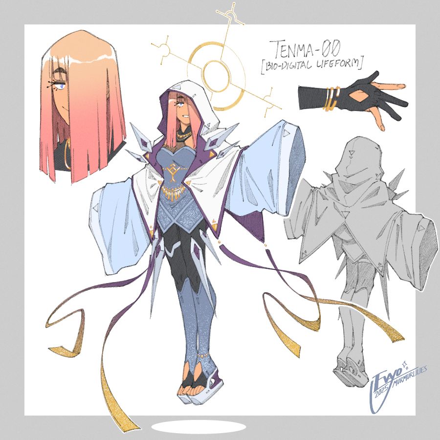 concept art depicting an updated appearance for my OC Tenma-00, with text referring to her as a "bio-digital lifeform." her outfit leans further into her japanese influences while maintaining a distinct and otherworldly aura, featuring a hooded white shawl with purple lining and long, flowing ribbons, short blue-grey robes with matching legwear, a pair of geta-inspired platform sandals, and massive light blue sleeves that cover her arms. she also sports a wide variety of gold accessories and sharp, floating ornaments, and a circular glyph hovers behind her head like a halo. her peach-colored hair is almost perfectly straight and styled to conceal her left eye.