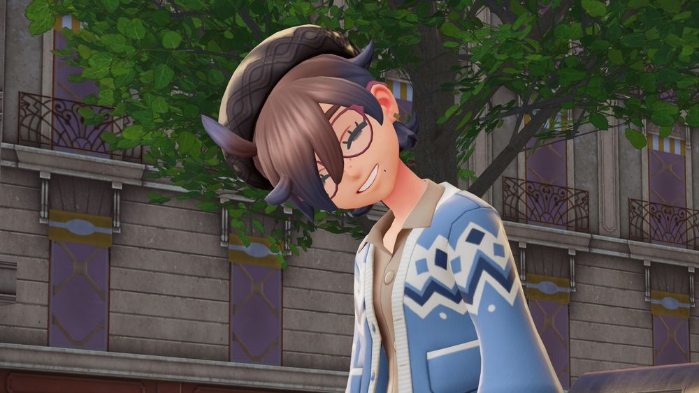 screenshots from the video game Pokemon Legends: Z-A, featuring my trainer Crime Bébé striking various poses against the backdrop of Lumiose City. she is wearing a blue cardigan over a light brown collared shirt, grey denim shorts with a pair of black leggings, a brown beret, and pink glasses.