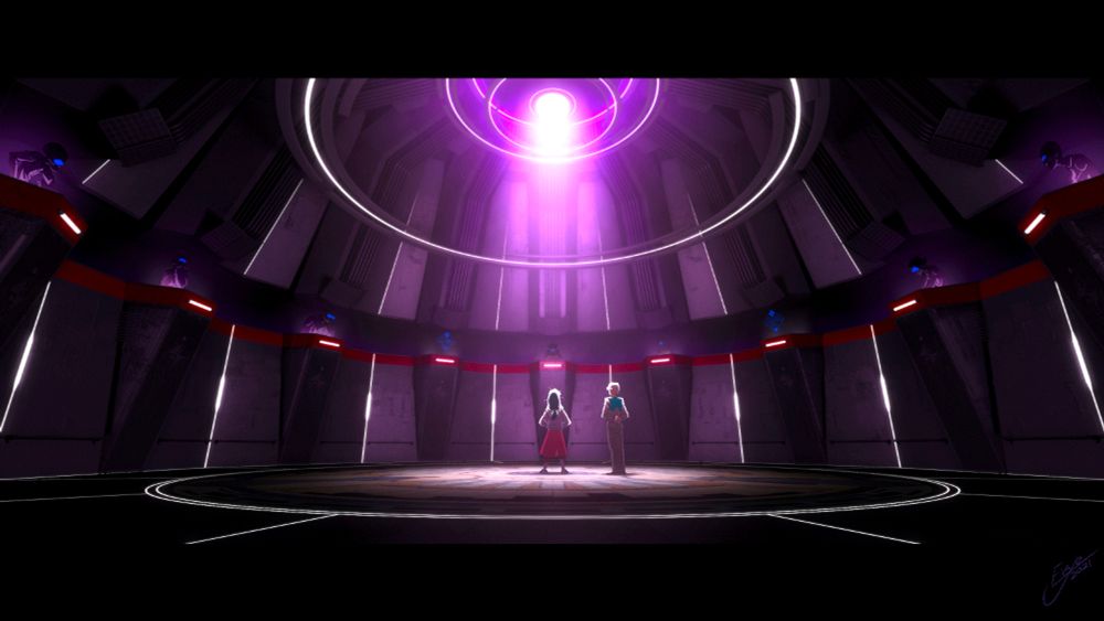 a sequence of old concept images depicting my OCs Rosaline Belville and Daniel Briggs in a tense meeting with the enigmatic Manifold Consensus. the two stand in the middle of a circular courtroom as the elderly puppet masters look down on them from raised platforms. there is a mural beneath their feet which seems to depict the events of the Roar in a pseudo-religious context. Briggs breaks into a nervous sweat, but Belville remains unperturbed by the Manifold's stern warnings.
