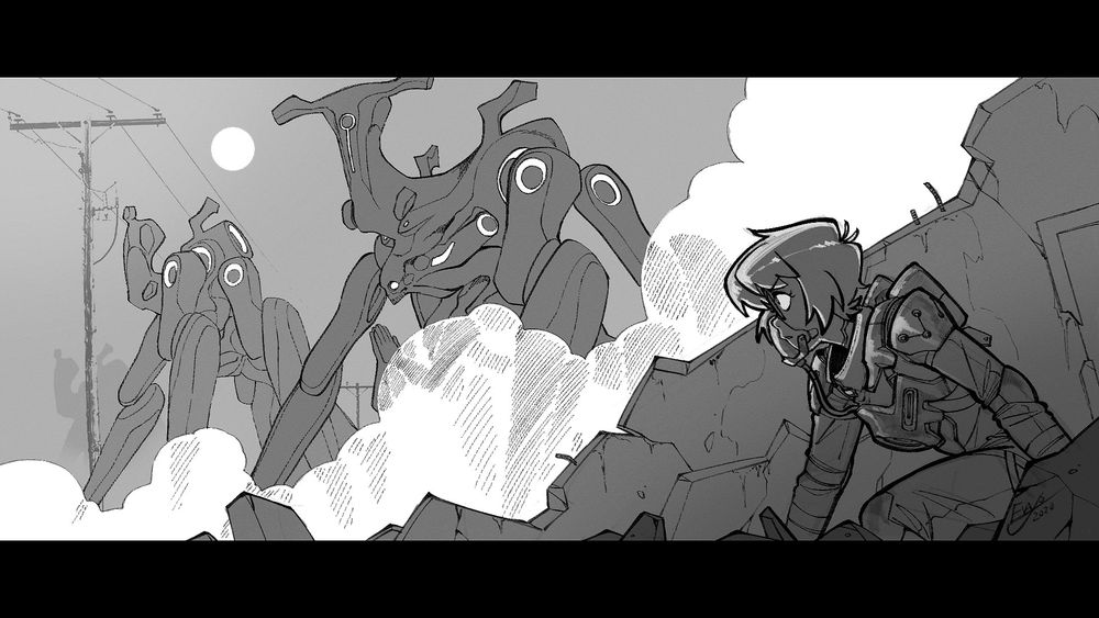 early artwork depicting Maya on a scouting mission within the Fractal Zone. she hides behind a ruined building, peering out over the rubble to watch a group of wraiths as they make their way through the fog.