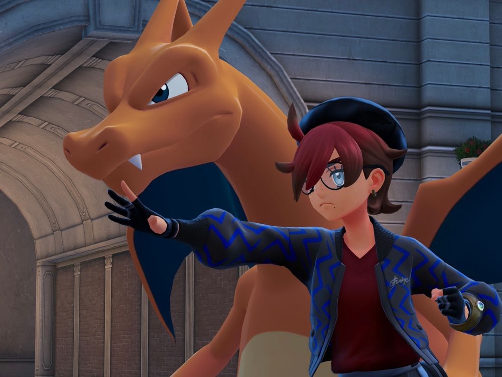screenshot from the video game Pokemon Legends: Z-A, which shows my trainer Felony L'Eclair (Crime Bébé) in the middle of an intense training session with her Charizard Karl Havoc.
