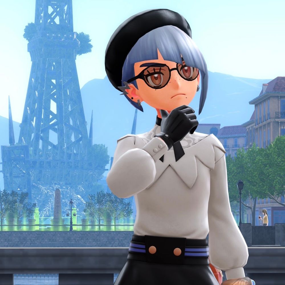 various screenshots from the video game Pokemon Legends: Z-A, showing off a new appearance for my trainer Felony L'Eclair (Crime Bébé). the look is loosely inspired by Shiny Mega Gardevoir and features a black leather beret over a pale blue asymmetrical bob, scarlet color contacts, oval glasses with brown lenses, silver lightning earrings, a silky white blouse and black skort combo set, black leather gloves, black simple cropped leggings with black patent leather toe-cap boots, and a round orange satchel.