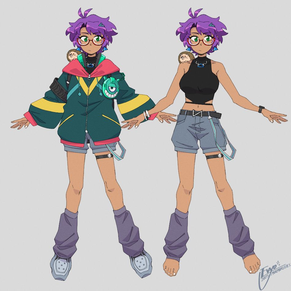concept artwork showcasing a brand new look for my OC Maya. she wears a thick green jacket with red, yellow and blue accents, gray shoes, shorts and legwarmers, and a tight black undershirt, as well as various accessories. her pet hedgehog Zeke is perched on her shoulder.