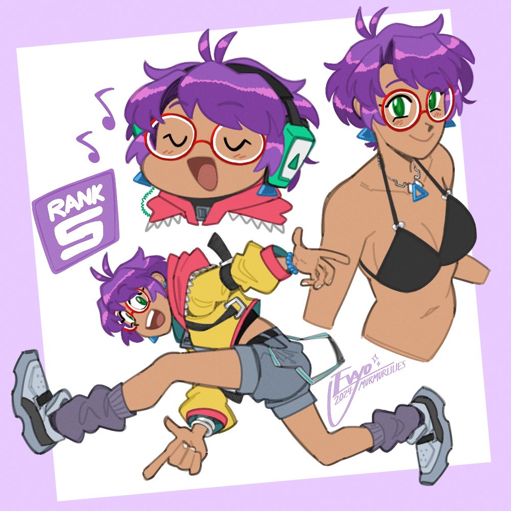 three small drawings of my OC, Maya Widmore. she is shown wearing headphones and singing along to music, wearing a black bikini top, and striking Sonic the Hedgehog's iconic pose from Sonic Adventure.