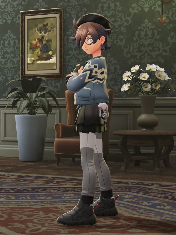 various screenshots from the video game Pokemon Legends: Z-A, which show my trainer Crime Bébé striking various poses in the lobby of Hotel Z. she is wearing a blue cardigan over a striped navy blue collared shirt, a black skirt with a pair of light gray leggings, a black beret, black three-finger gloves, black sneakers, multicolor lightning earrings, and mottled glasses.