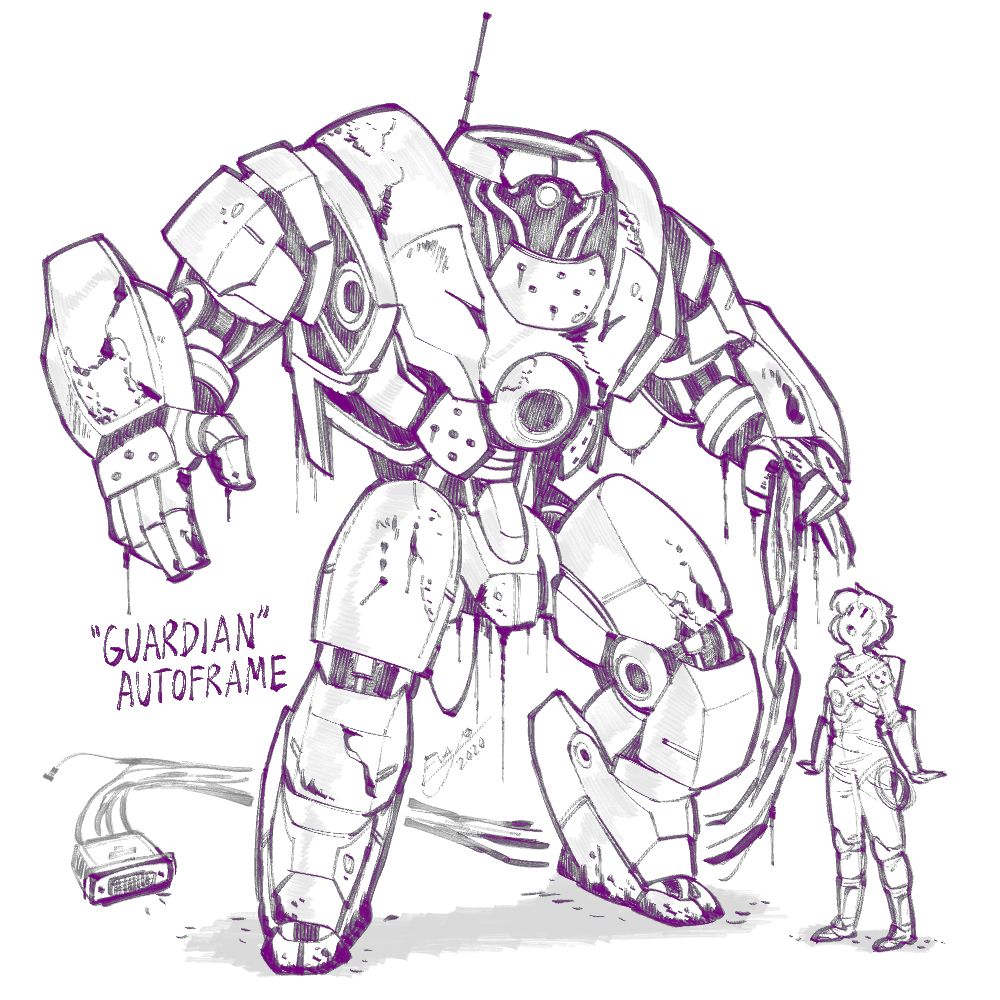 concept sketch from 2020 showcasing a Guardian Autoframe, a much larger version of the typical Autoframe robots. it appears to be dragging a cable while covered in rust and debris. a previous incarnation of Maya stands to the side for size comparison.