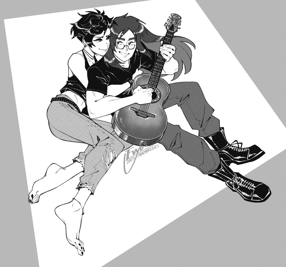 commission for @soulcastlefilms.bsky.social featuring younger versions of their OC Amber (left) and Roland (right). they are sitting on the ground, their posture perhaps suggesting they're having a picnic. Amber embraces Roland from behind as he plays on his guitar, and both are smiling at one another.