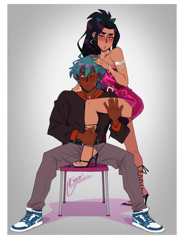 drawing of Cass (bottom) and Lailah (top) posing together on a chair. Cass is wearing a black long-sleeved shirt, gray pants and blue and white sneakers. Lailah is wearing a shiny red dress, silver jewelry and black lace-up high heel sandals.