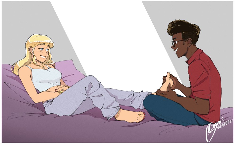 commission for @soulcastlefilms.bsky.social featuring their OCs Laura (left) and Ben (right). Laura is reclined on a light purple mattress, her arms crossed over her stomach as she looks across at Ben, who is seated in front of her while massaging her feet. they are smiling at each other, enjoying the moment.