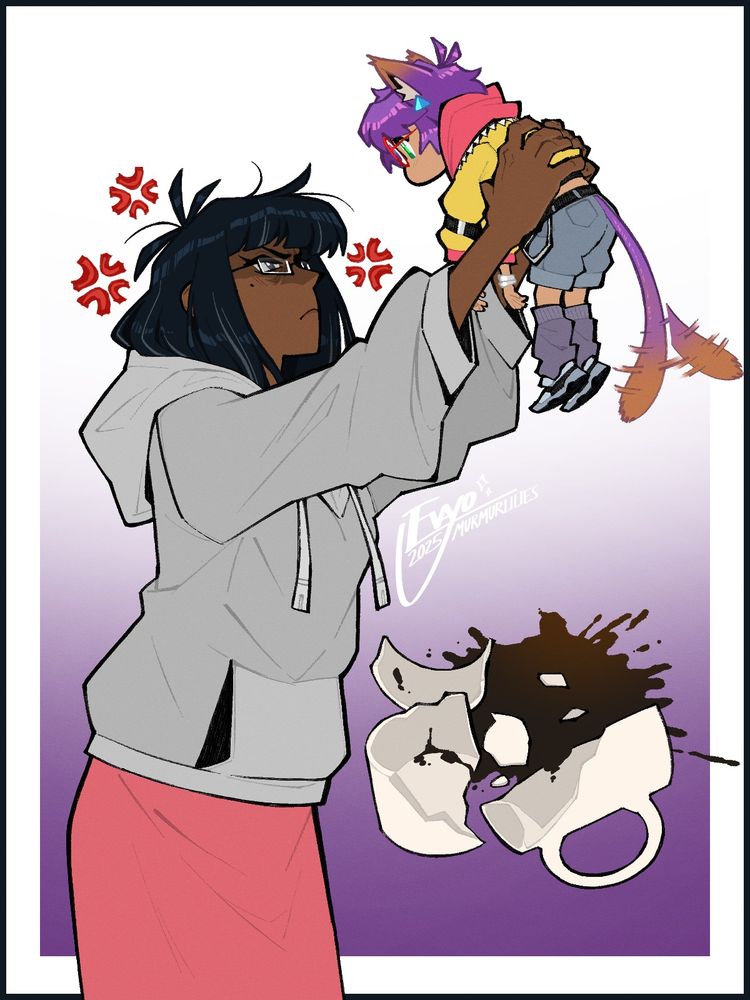 drawing of Rosaline Belville angrily holding up a chibi version of Maya with cat features. Maya's tail wags excitedly while red anger marks hover about Belville's head. on the right side of the image we see a broken coffee mug, revealing the reason for Belville's foul mood.