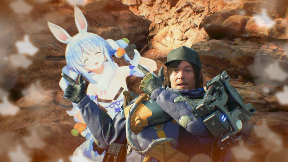 screenshot of the game Death Stranding 2, featuring protagonist Sam Porter Bridges posing with vtuber Usada Pekora of Hololive.